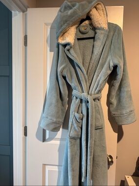 L.L. Bean Light Blue Fleece Hoodie with Cream Sherpa Trim